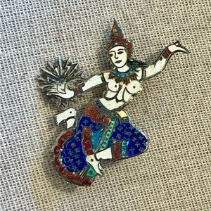 Rare Siam Sterling Silver K.A. Manimekhala Cloisonné Dancer Brooch Vintage